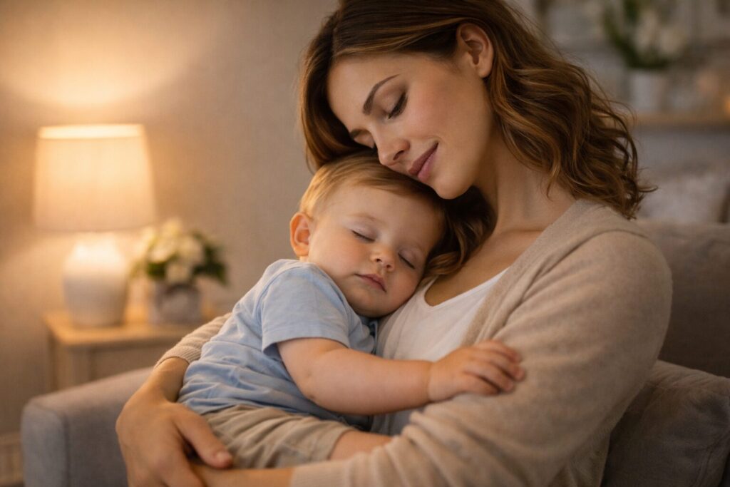 抱っこで子供を寝かしつける女性