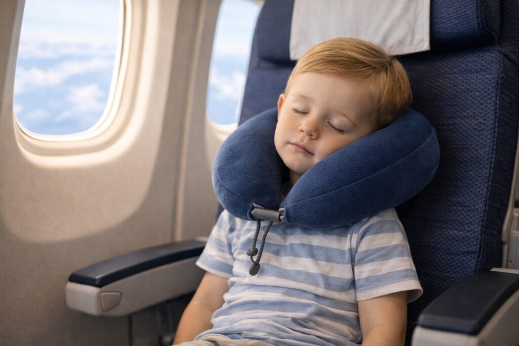 旅客機の座席でネックピローでぐっすり眠る小学生
