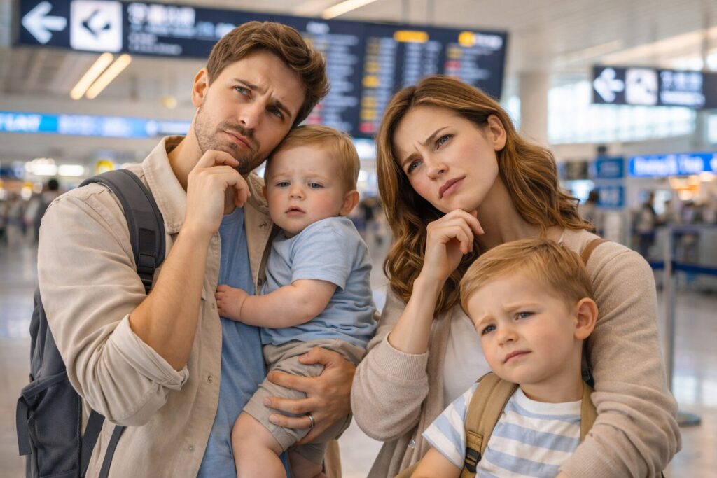 空港で子供を抱き、首をかしげて悩む夫婦