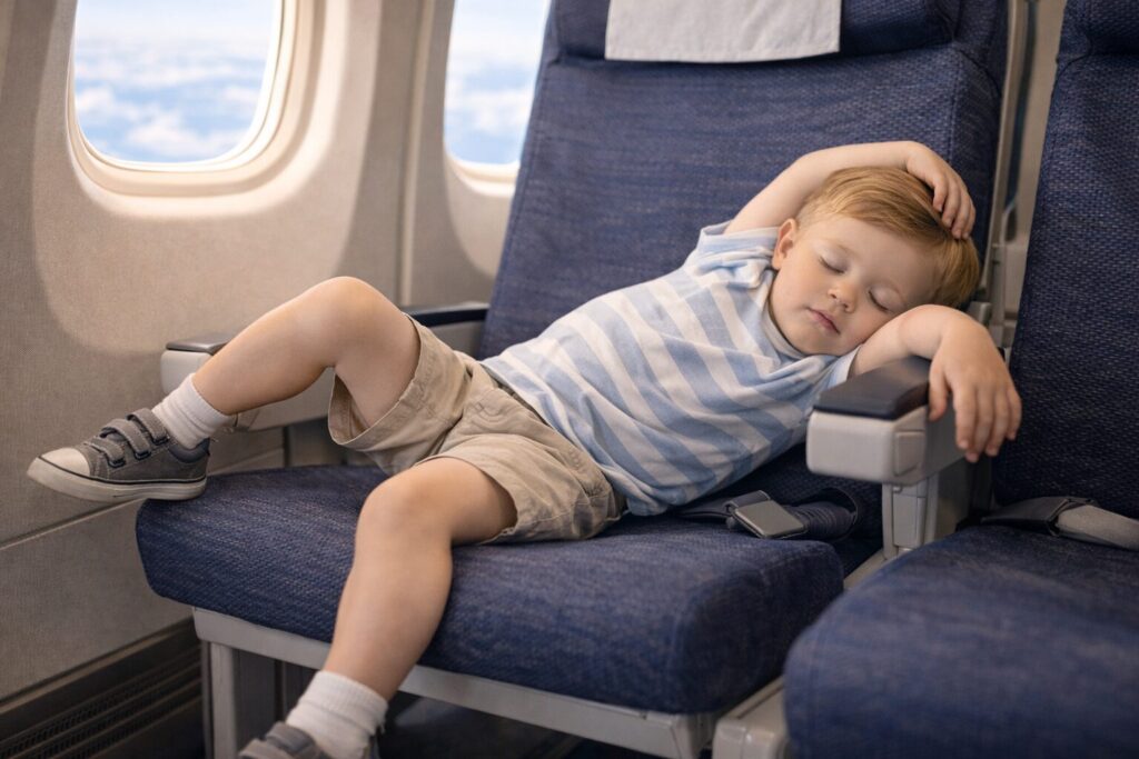 寝相の悪い子供が旅客機の座席で眠る