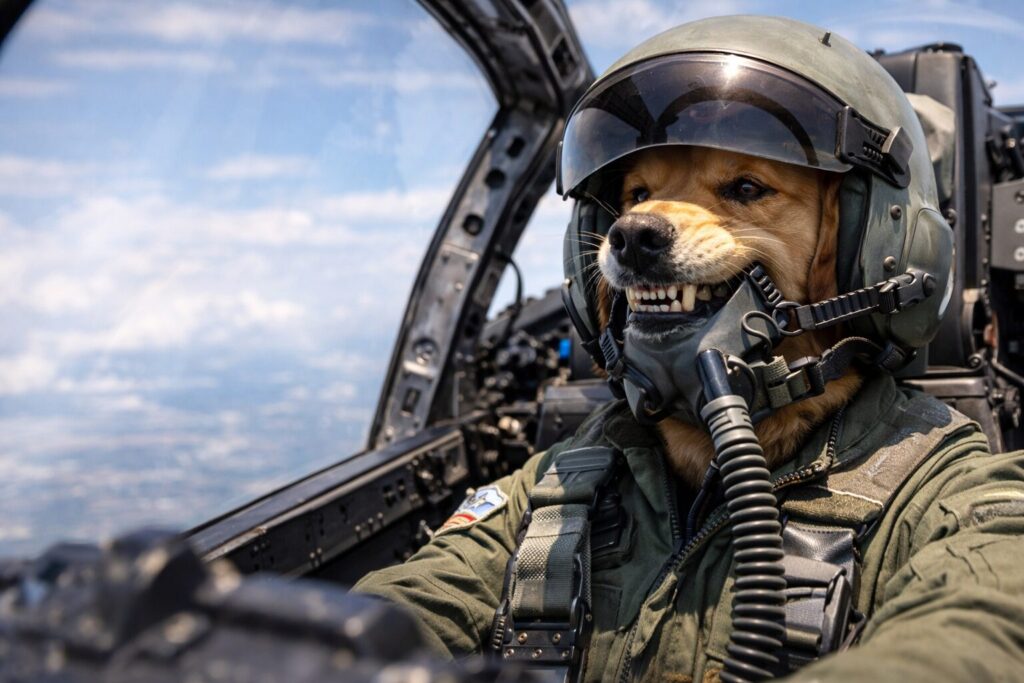 コクピットで歯を食いしばるレトリバーの戦闘機パイロット