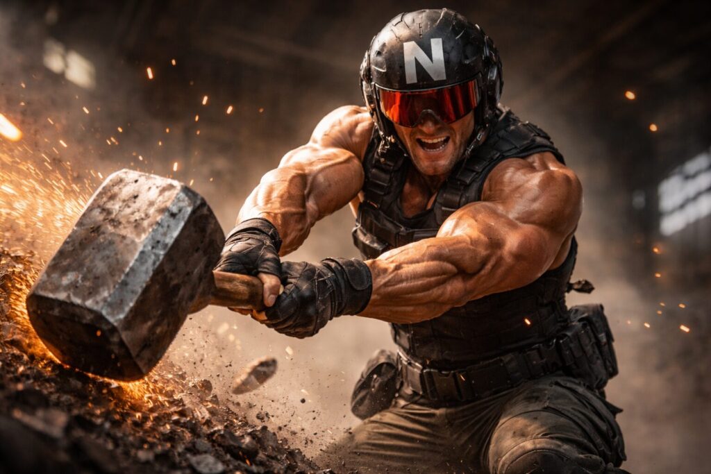 「N」の文字がはいったヘルメットをかぶり巨大なハンマーを振り下ろすマッチョマン