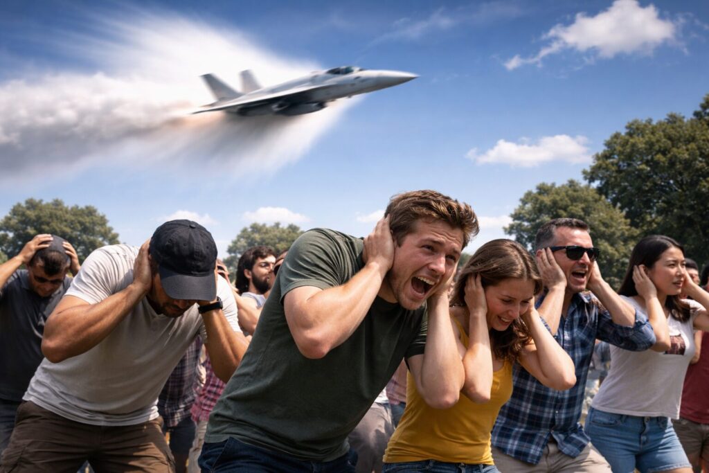 上空からの衝撃波に首をすくめる人々