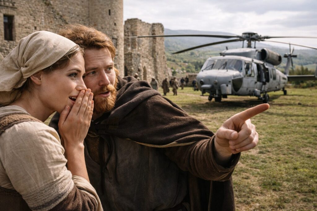 ヘリコプターを指差してうわさ話をする中世の白人男女