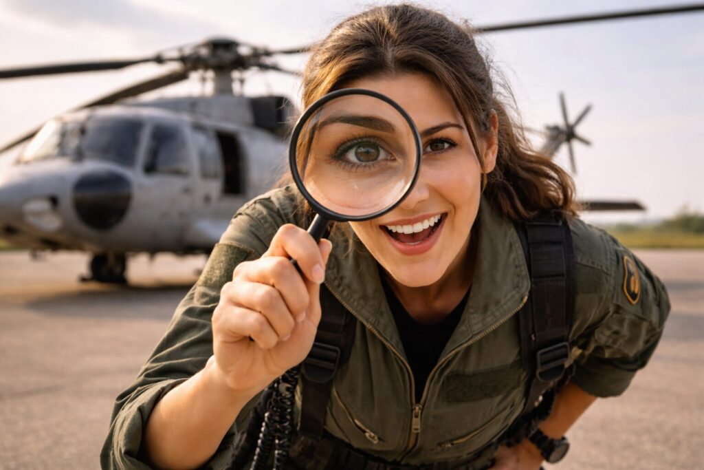虫眼鏡でこちらを覗き込む女性パイロット