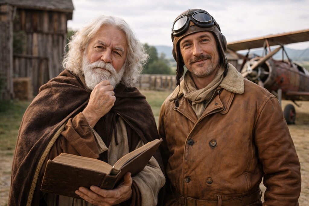 並んで立つ中世の哲学者と昔のパイロット