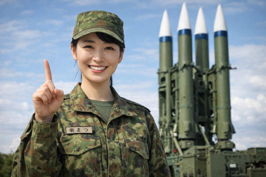 迎撃ミサイルを背景に笑顔で人差し指をたてる女性自衛官