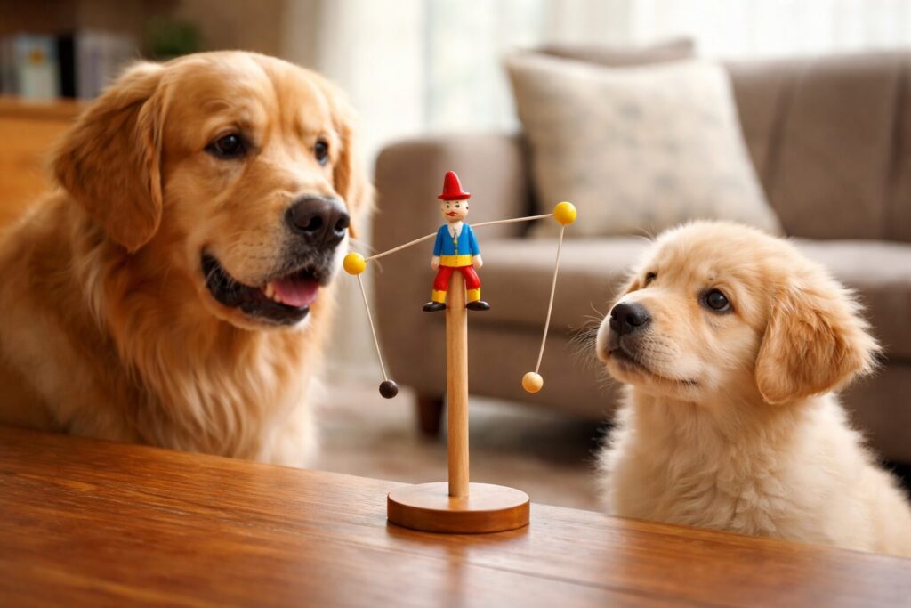 ヤジロベーをガン見するレトリバーの親子