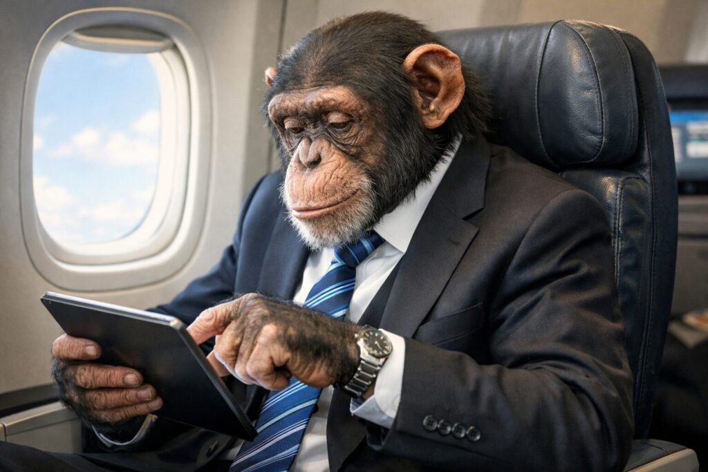 旅客機の座席でタブレットを操作するチンパンジーのビジネスマン