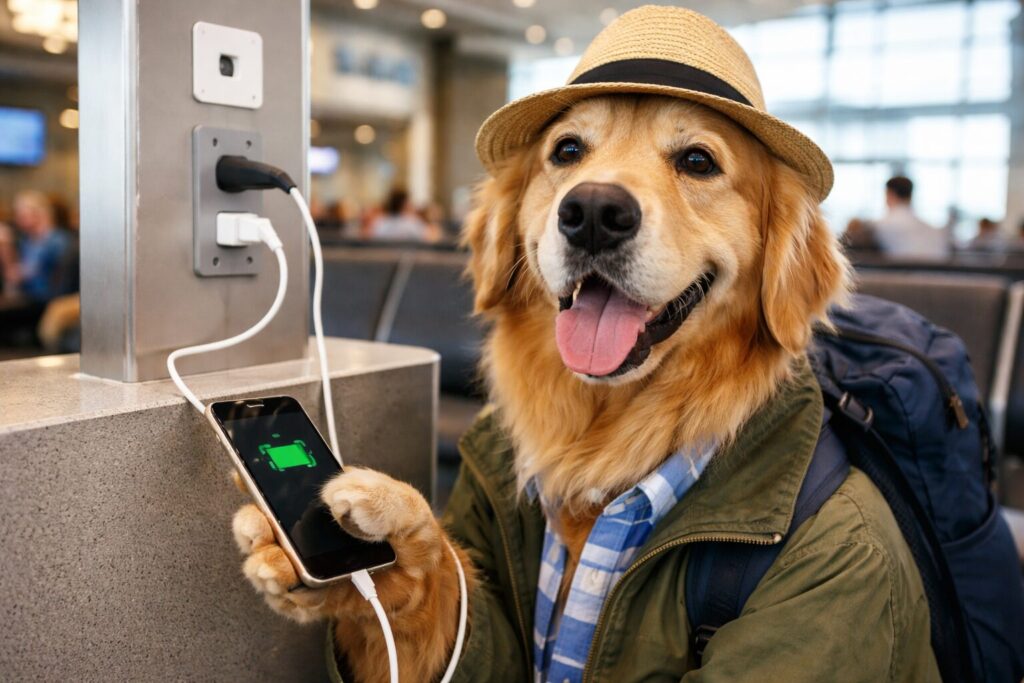 端末の充電をするレトリバーの旅行客