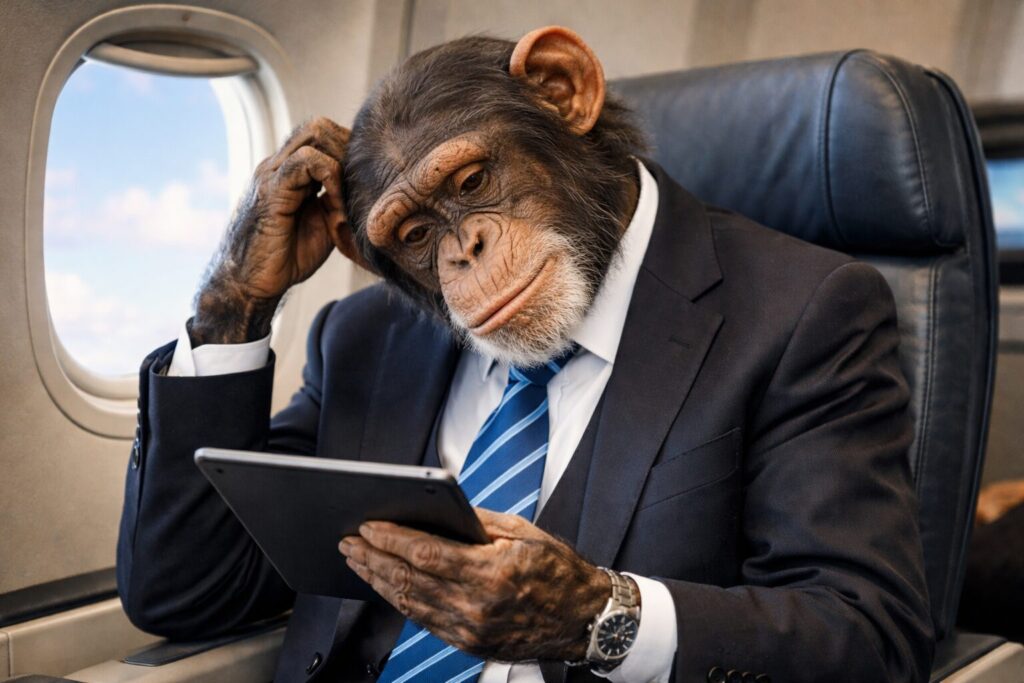 タブレットを持って首をかしげて悩むチンパンジーのビジネスマン
