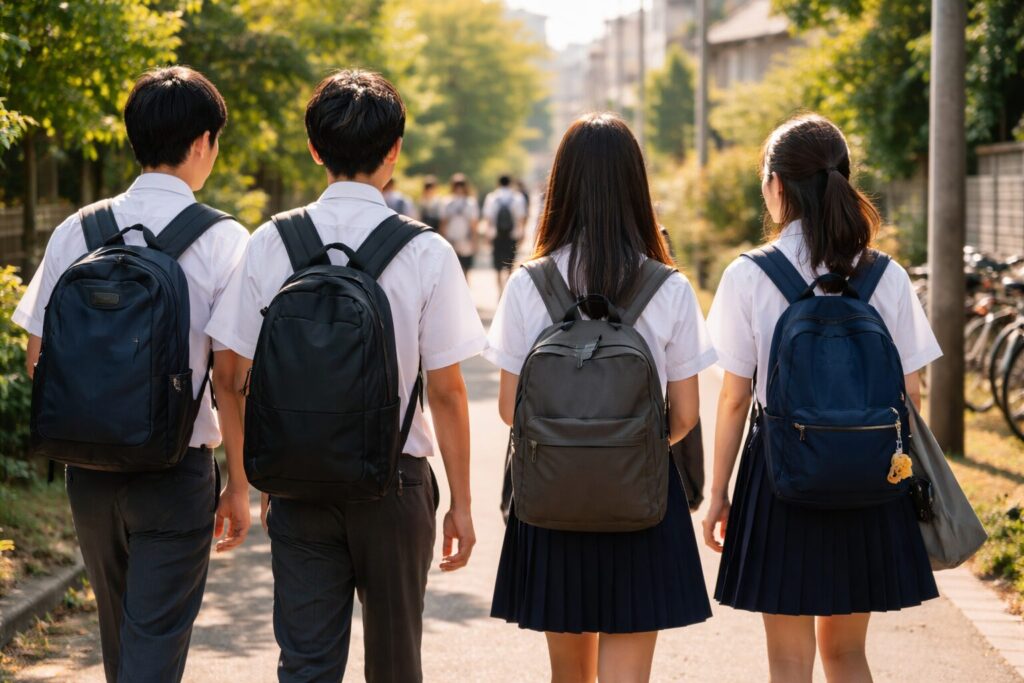 通学中の高校生たちの後ろ姿