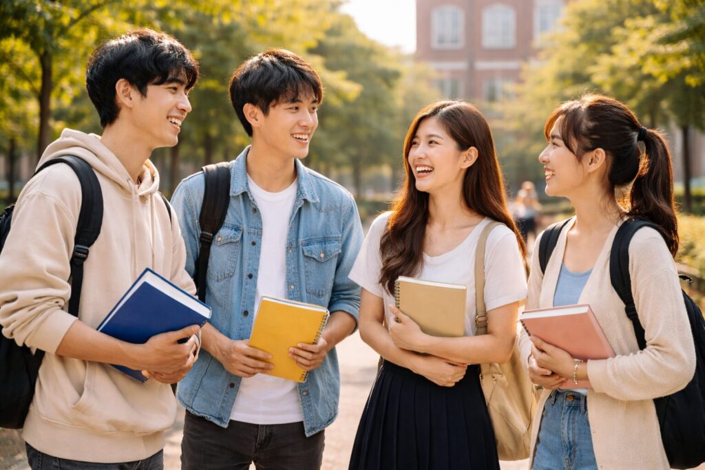 大学のキャンパスで談笑する学生たち