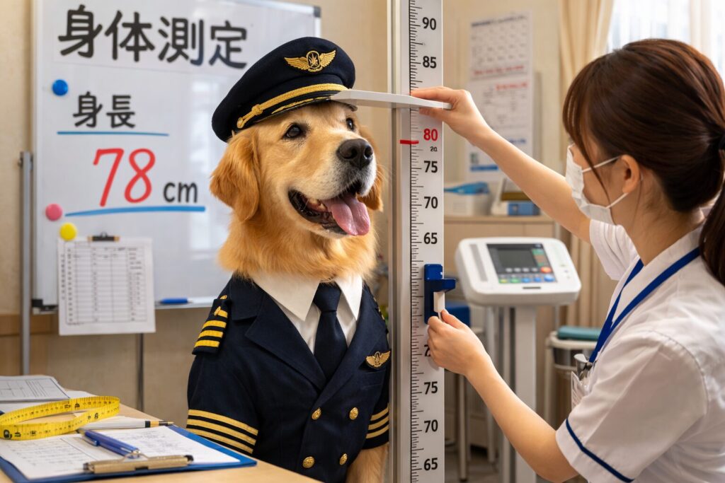 身体測定で身長を測られるレトリバーのパイロット