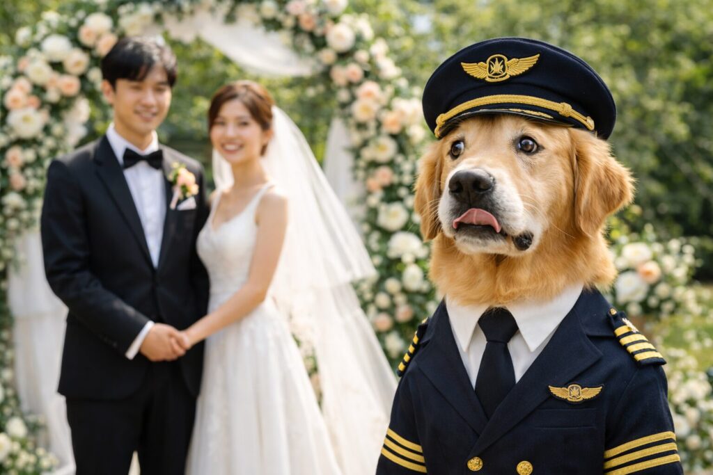 結婚式で緊張しているレトリバーのパイロット