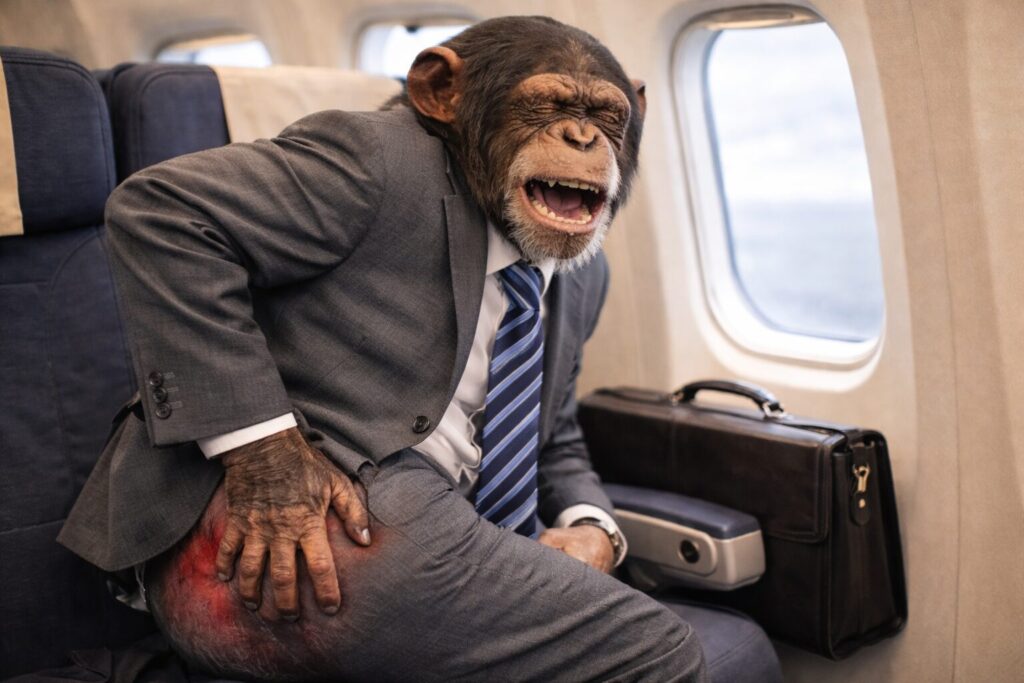 旅客機の座席でお尻が痛いチンパンジーのサラリーマン
