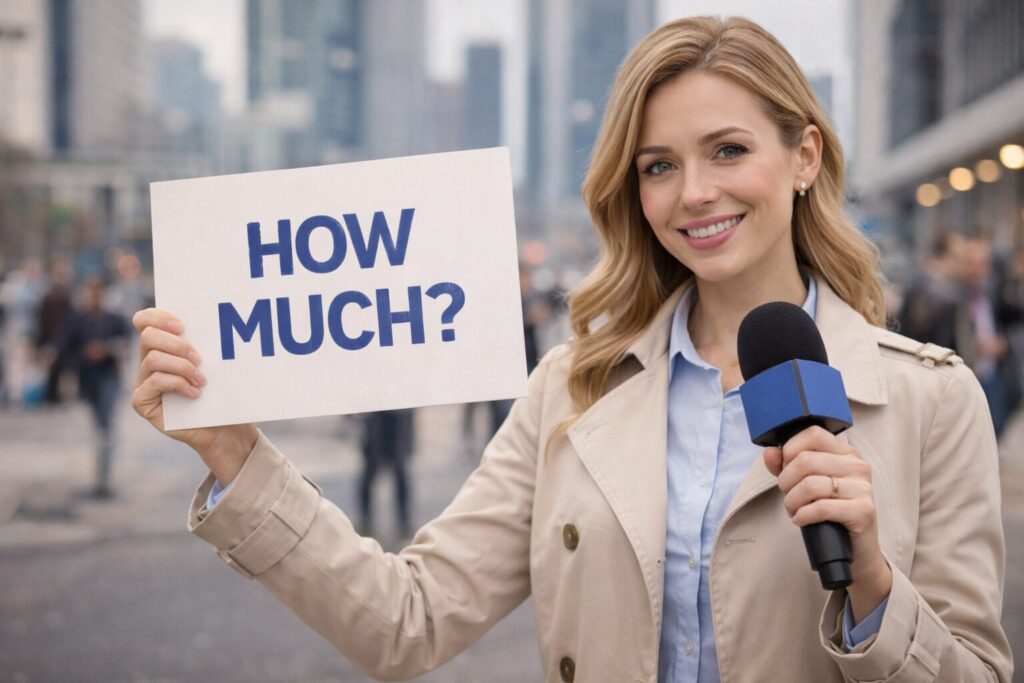 「HOW MUCH？」のプラカードを掲げるレポーター