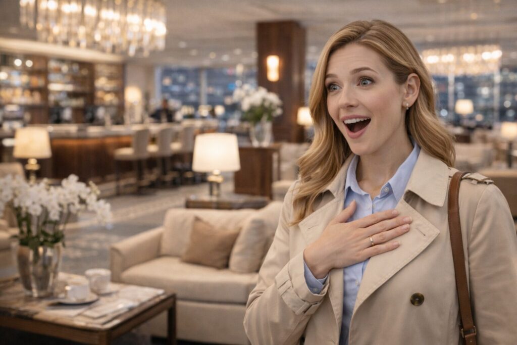 豪華なラウンジに驚く女性旅行客