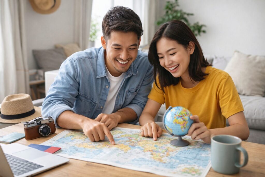 楽しそうに旅行の計画をたてるカップル