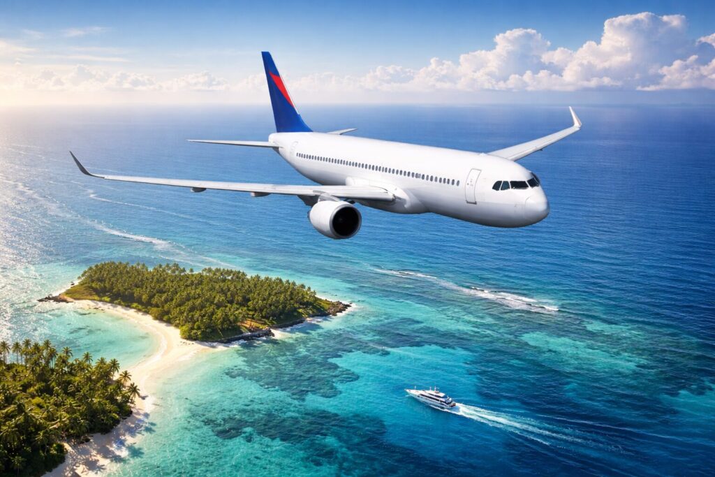 海岸線を飛行中の旅客機