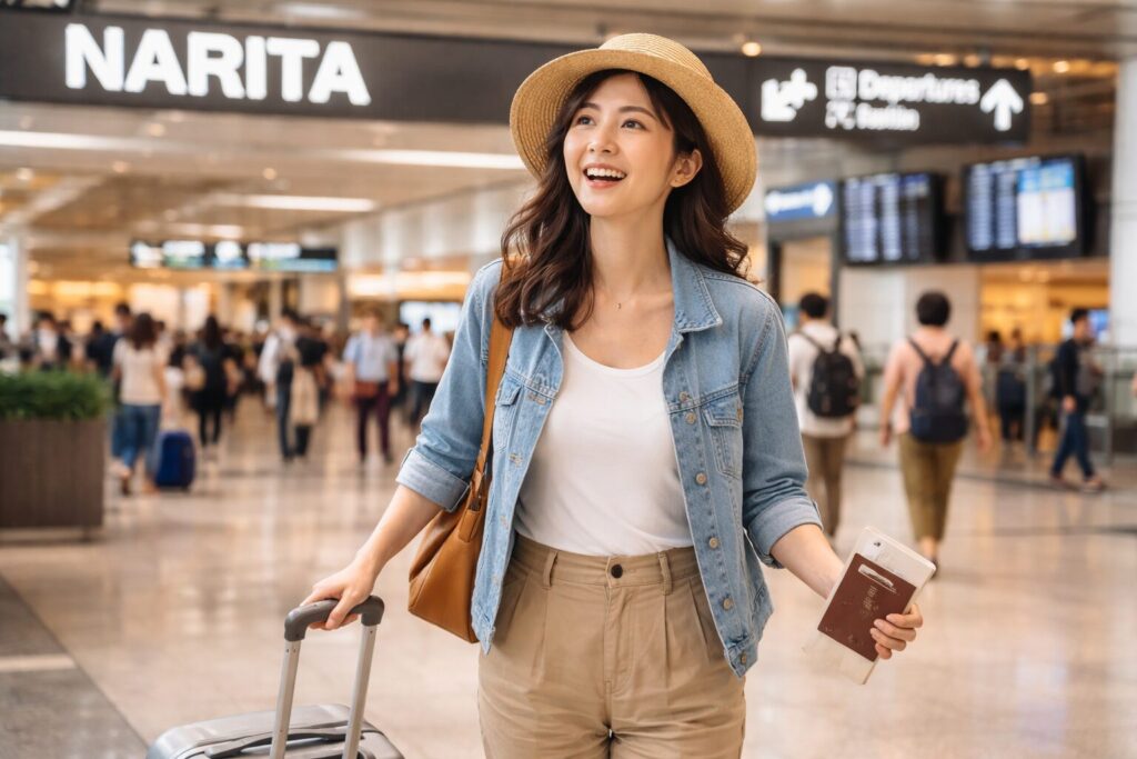 成田空港内を嬉しそうに歩く女性旅行客