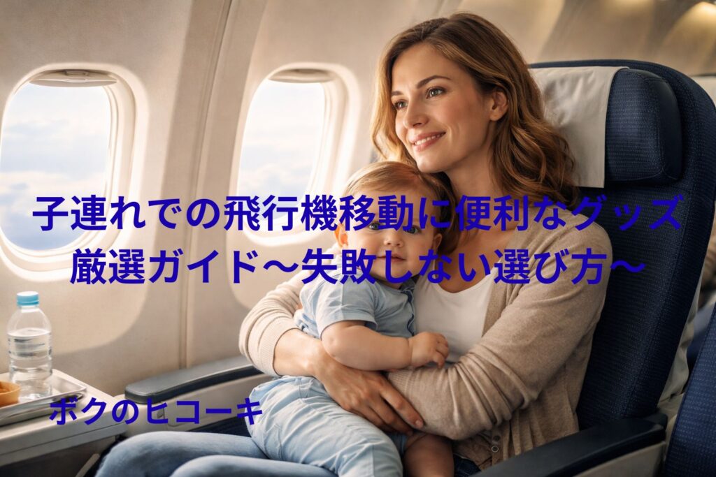 子供を抱いて旅客機の座席に座る女性