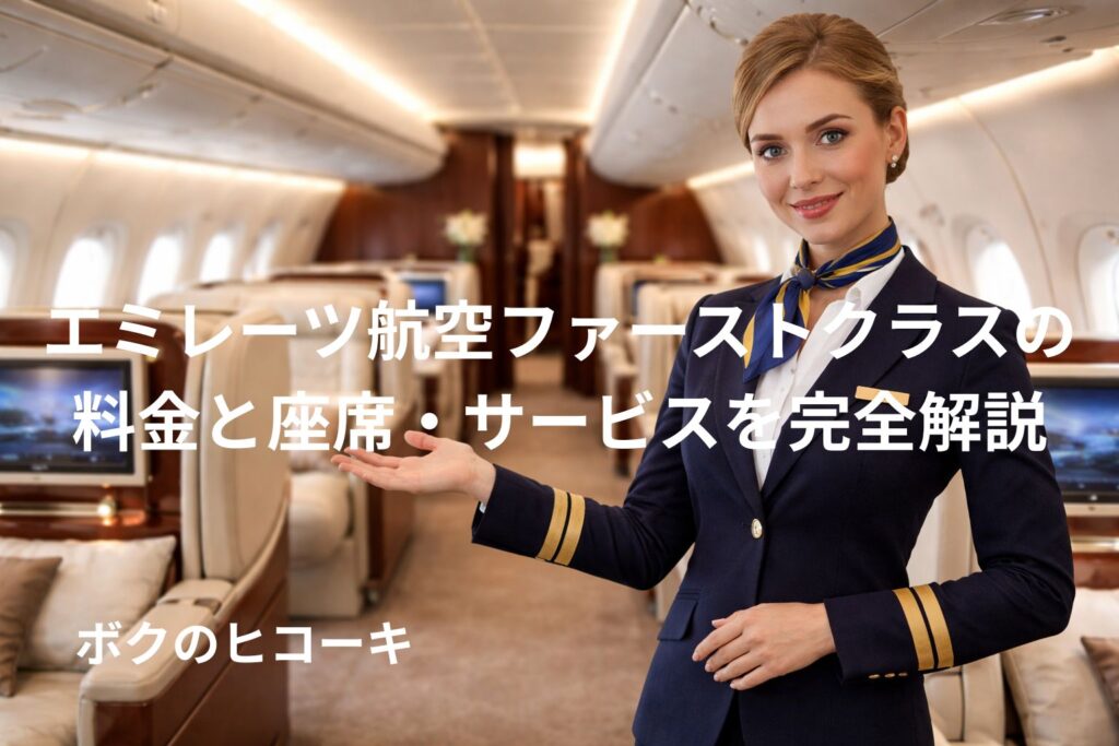 ファーストクラスの客室を案内する女性CA