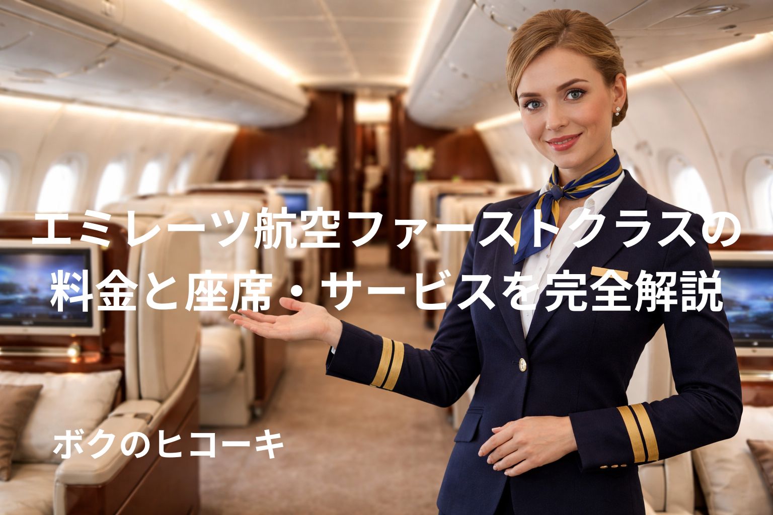 ファーストクラスの客室を案内する女性CA