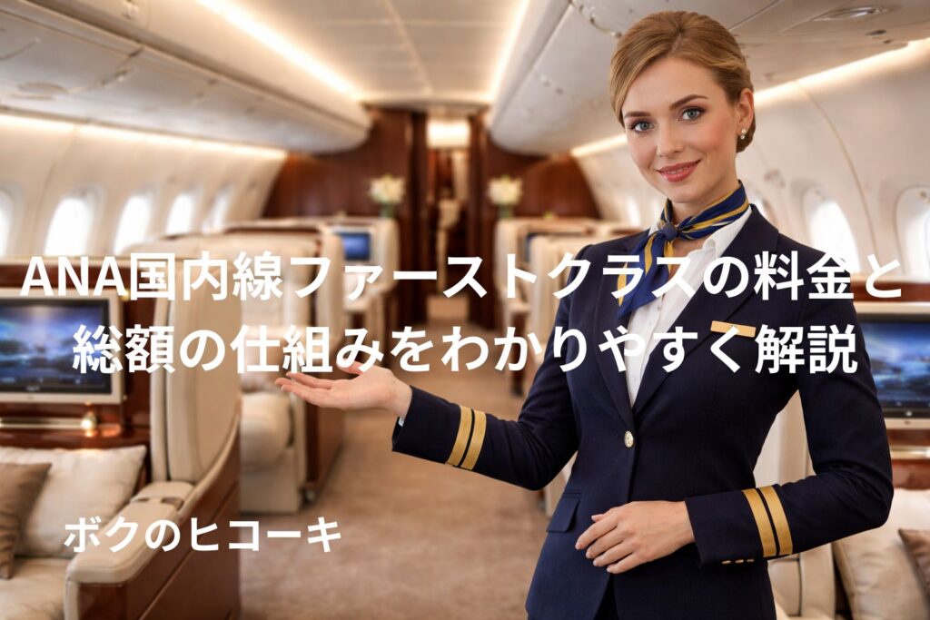 ファーストクラスの客室を案内する女性CA