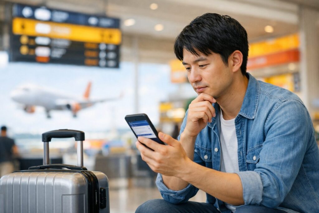 空港の出発ロビーで、30代前後の日本人旅行者がスマートフォンの航空券予約画面比較検討しているイメージ