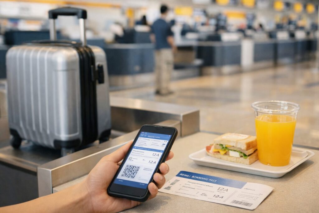 空港のチェックインカウンター前で、中型スーツケースが計量台に載り、手前に搭乗券を表示したスマートフォン