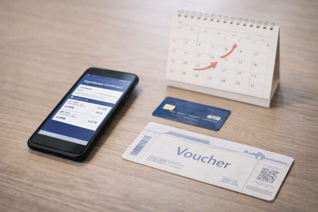 デスクの上に、フライト予約確認画面を表示したスマートフォン、カレンダー、クレジットカード、チケット風カードが置かれた横長写真風イメージ