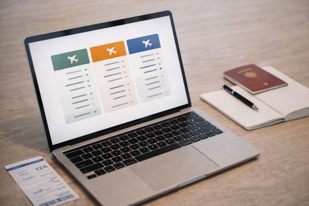 机の上のノートパソコンに、3つの航空券プランを比較しているようなシンプルなUI風画面が表示され、横にパスポート、ペン、メモ帳、搭乗券が置かれた横長写真風イメージ。