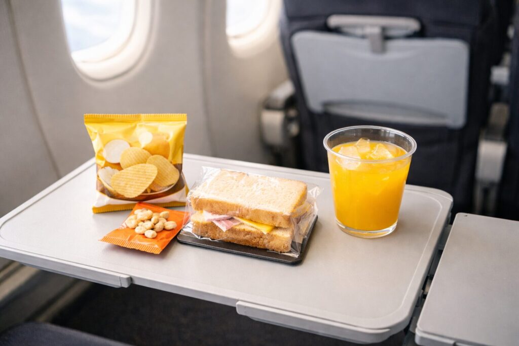 日本のLCC機内をイメージした明るく清潔感のある機内販売シーン。