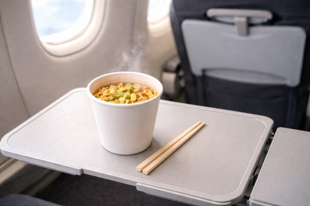 飛行機の座席テーブルの上に置かれた湯気の立つカップ麺が主役の機内シーン。