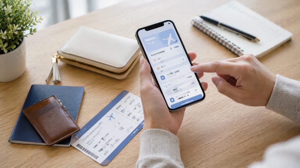 旅行前に航空券内容を確認している手元のシーン。スマートフォン、搭乗券、財布、小物がテーブルに置かれている。