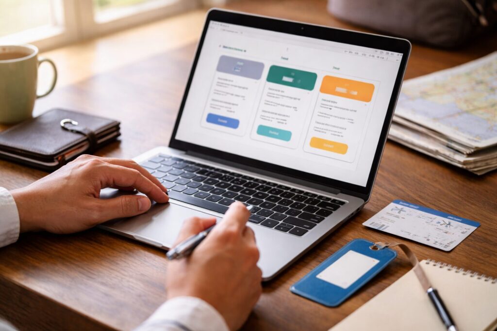 旅行計画中の比較シーン。ノートPCの前で、航空券プランを比較して考えている人物の手元。
