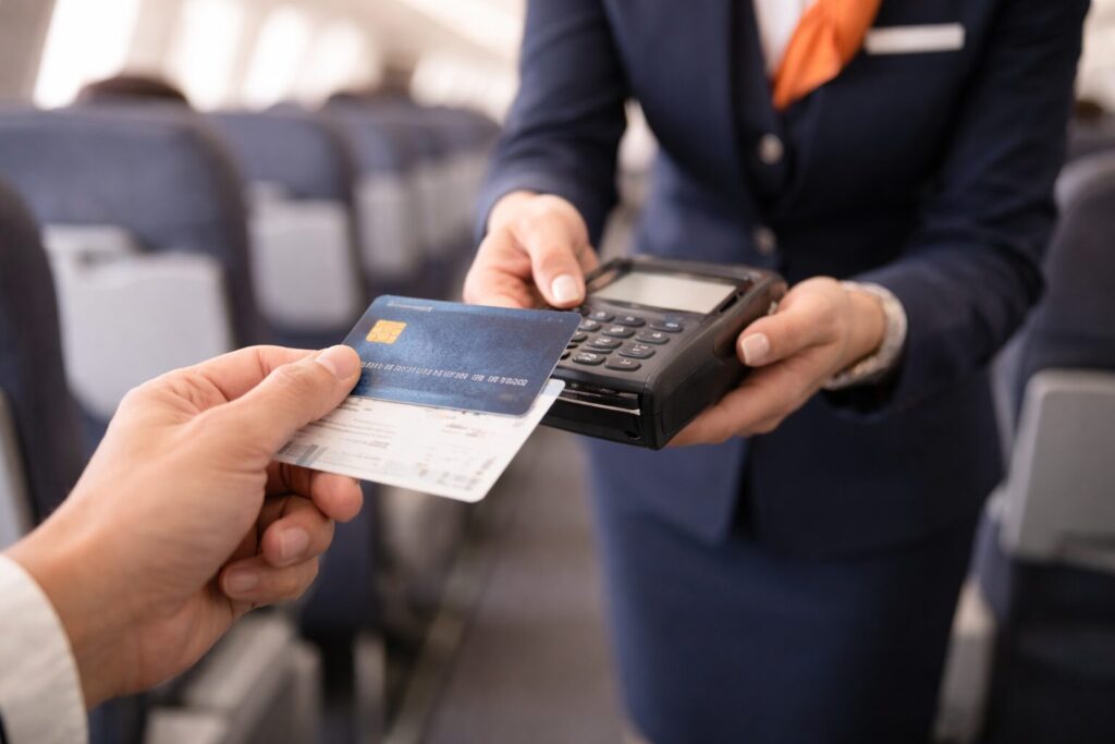 機内で客室乗務員に支払いをしているシーン。搭乗者の手にあるクレジットカードと搭乗券、向かい側に客室乗務員の手元。