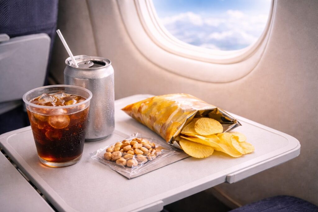 窓の外を見ながら、座席テーブルの上の飲み物と軽食を楽しんでいる機内シーン。窓際席のテーブルにあるドリンクと軽食。