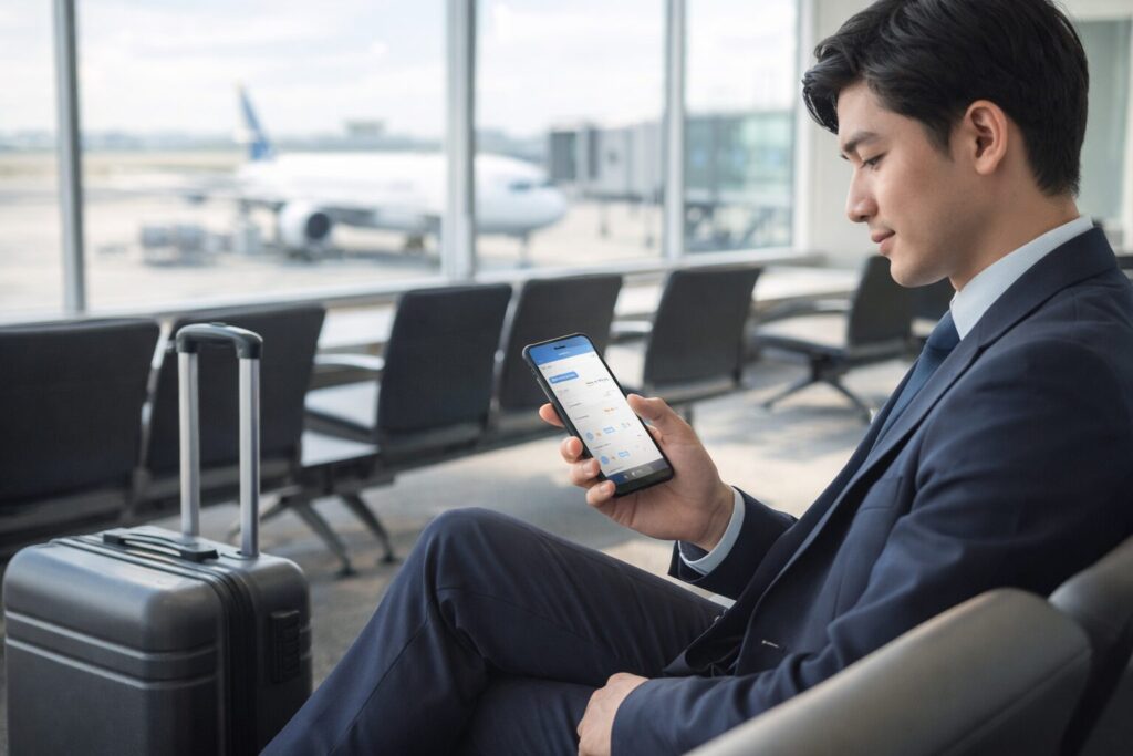 空港の待合スペースで、キャリーケースの横に座った旅行者がスマートフォンでフライト変更を確認している写真風イメージ。