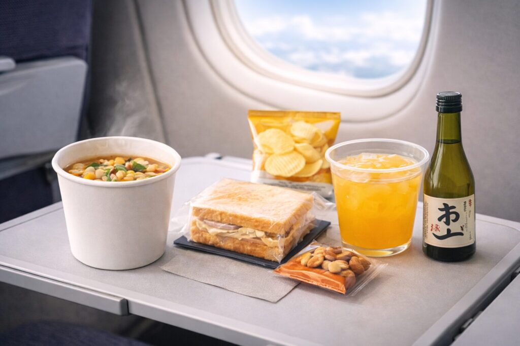 飛行機の座席テーブルの上に、500円前後の商品選びを比較できるように並べた写実的なシーン。