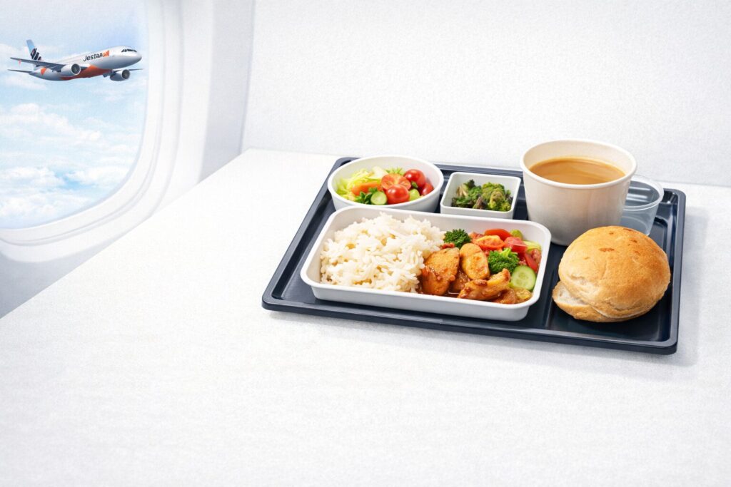 中央に機内食トレー、内容は温かいメイン料理、パン、サラダ、紙カップ飲料。背景にうっすら飛行機の窓辺と空の雰囲気。