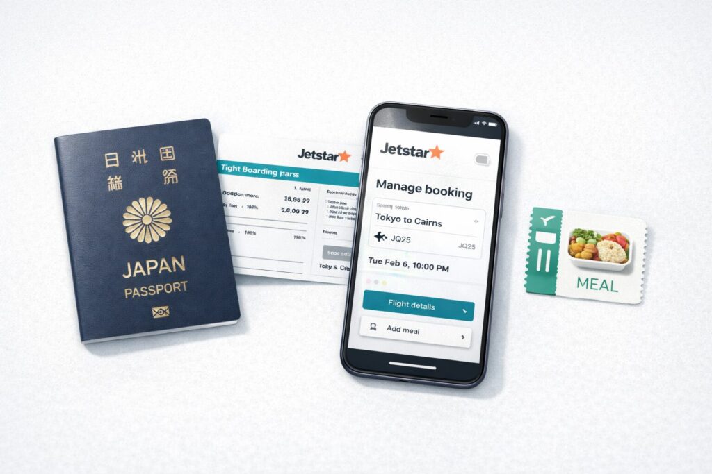 中央にパスポート、搭乗券、スマートフォンの予約確認画面風イメージ
