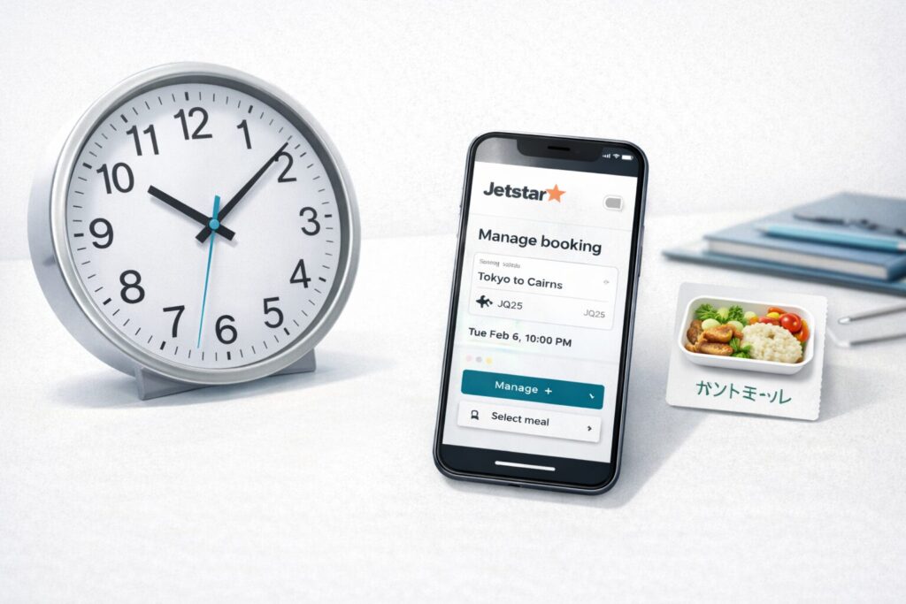 中央に大きな時計、その横にスマートフォンの予約変更画面風イメージ、小さくホットミールのアイコン。