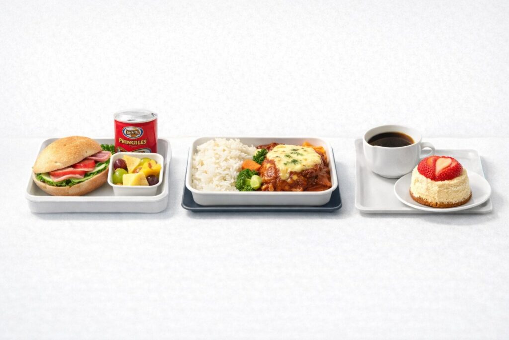 中央に3種類の食事を整然と配置。左に軽食スナック、中央に温かいホットミール、右にドリンクとデザート。