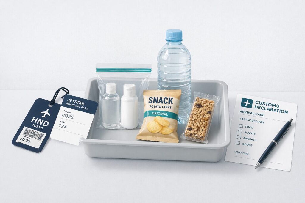 中央に保安検査トレー、未開封スナック、ペットボトル飲料、小型ボトル、スーツケースタグ、税関申告書風の紙を整理して配置。
