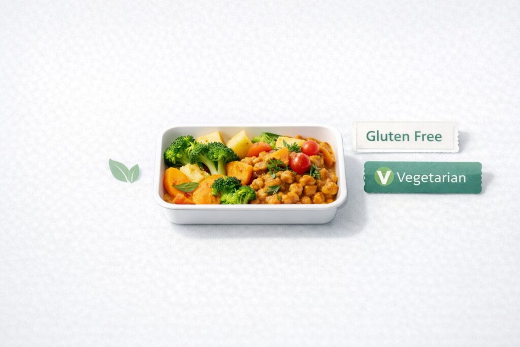 中央に野菜中心の機内食プレート、周囲に小さな葉のアイコンや特別食を連想させる控えめなラベル風要素。