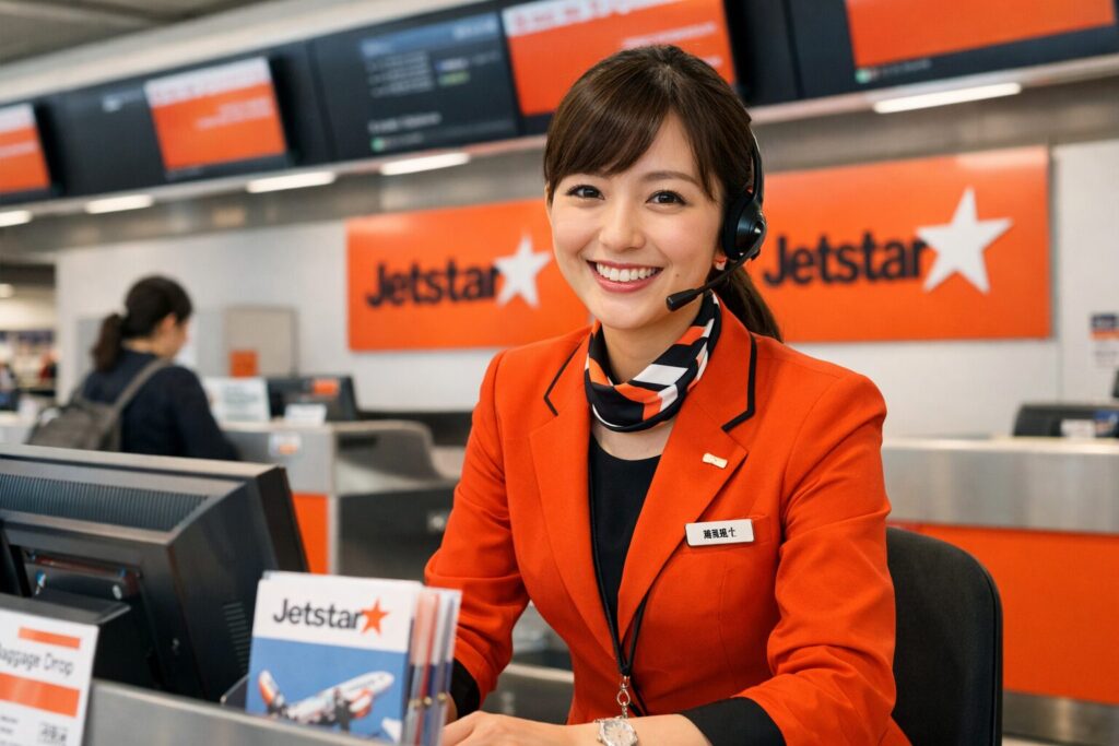 カウンターで微笑むジェットスターの女性スタッフ