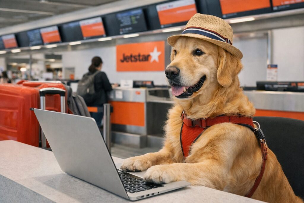 PCで手続きをするレトリバーの旅行客