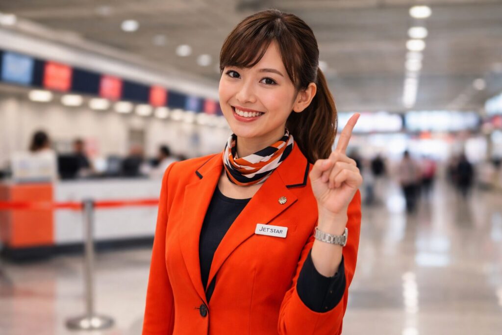 笑顔で人差し指をたてるジェットスターの女性CA